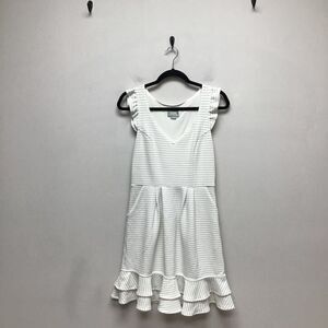 Maeve Womens Sunland Fit & Flare Dress Ivory Stripe Stretch V Neck Cap Sleeve 8